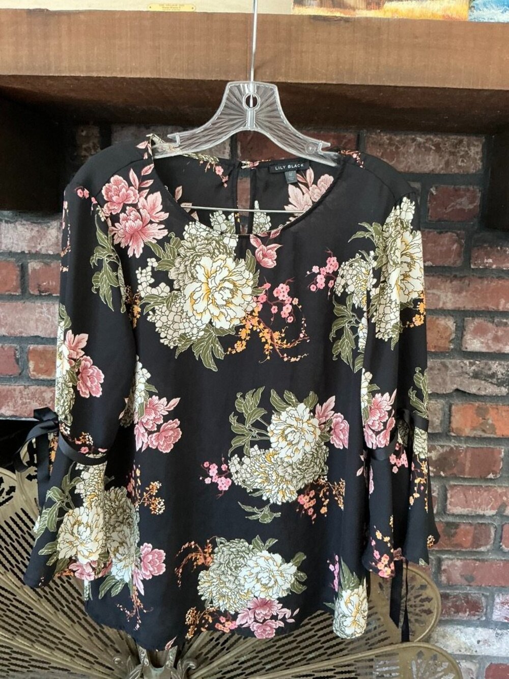 Lily Black | Floral Bell-Sleeve Blouse with Grosgrain Ribbon Ties